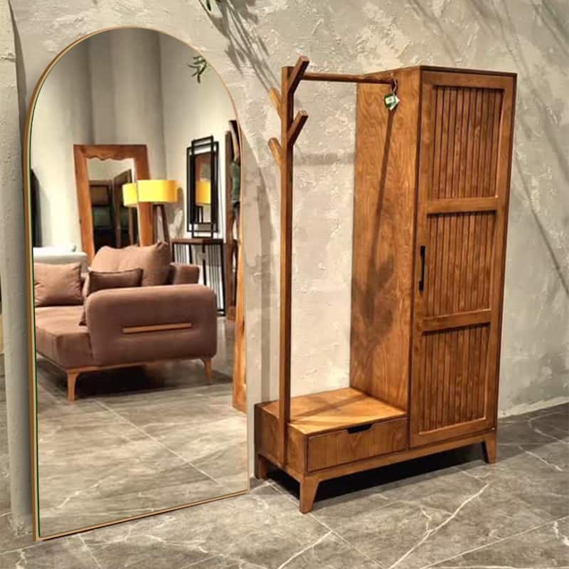 Modern Arched Full-Length Wood Floor Standing Mirror