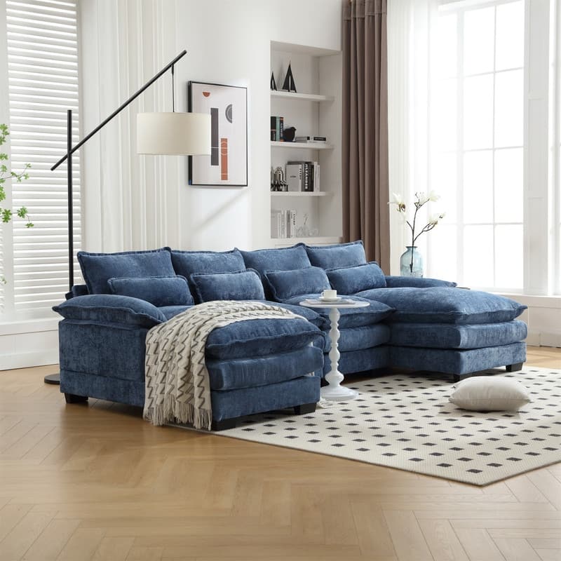 Sectional Sofa Cloud Couch for Living Room, Modern Chenille/Boucle U Shaped Couch, Comfy Modular Sofa Sleeper with Double Chaise - Navy-Chenille