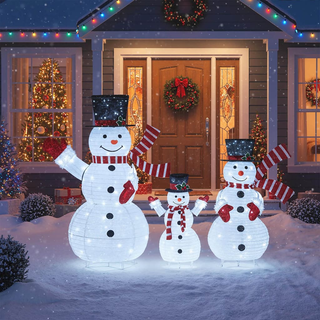 Costway 3PCS Pre-Lit 3D Snowman Set with 270 LED Lights for Home Lawn - as pic shows - See Details