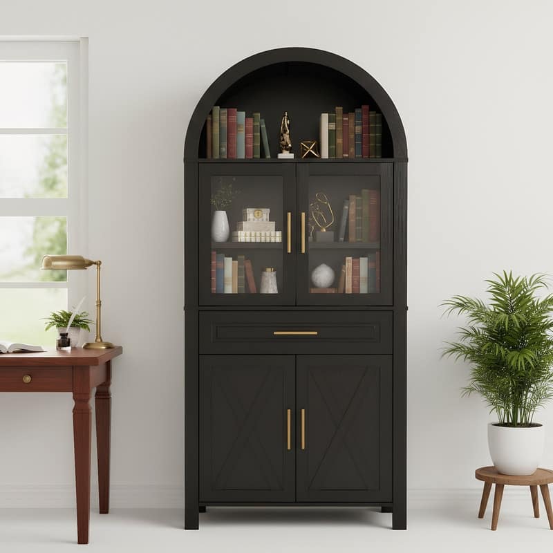 Farmhouse 71" Tall Arched Kitchen Pantry Cabinet with Adjustable Shelves and Display Glass Doors