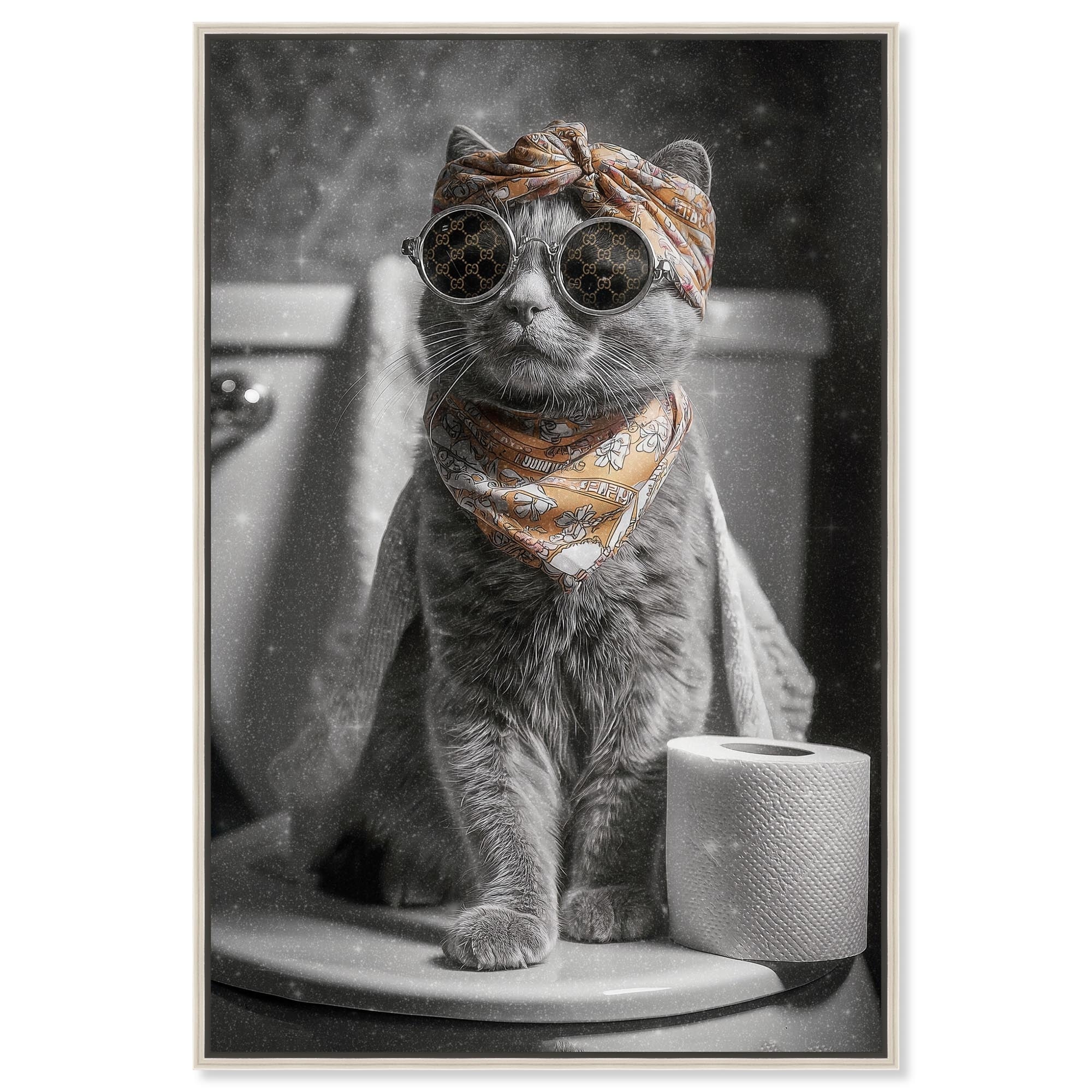 Cat Scarf Toilet Bathroom Decor Framed Canvas Print by Art Remedy