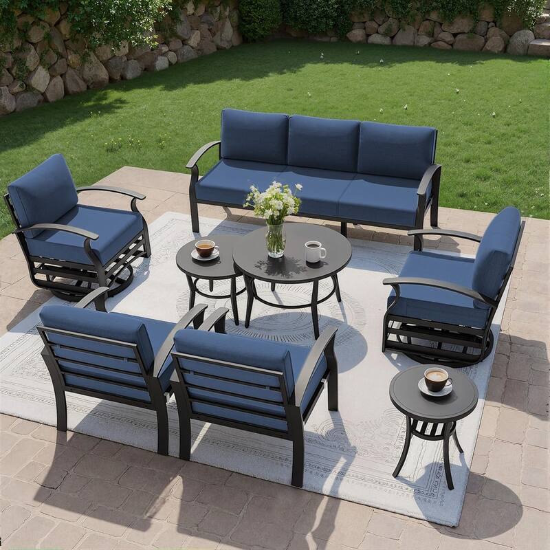 Kullavik Aluminum Outdoor Patio Sectional Sofa Set with Swivel Rocking Chairs and Coffee Table - Navy - 7-Seats-Round Table