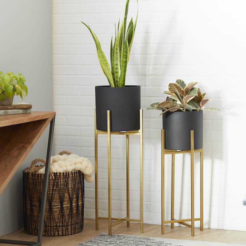 Metal Indoor Outdoor Planter with Removable Stand - Set of 2 Gold or Black- Roche River Decor