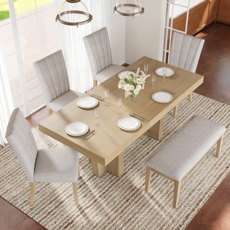 78.1inch Extendable Wood Dining Table Set for 6, Kitchen Table Set with Bench and 4 Upholstered Chairs,3.8inch Thick Tabletop