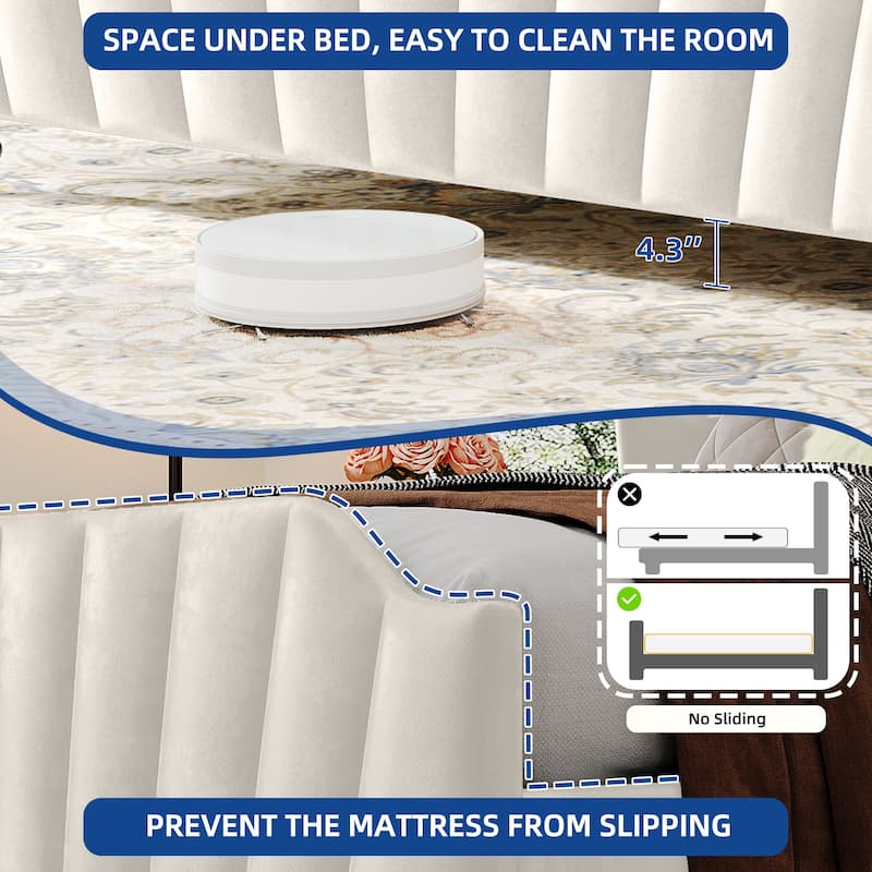 Moasis Velvet Upholstered Platform Bed Frame with 60" Tall Wingback Headboard & LED Light