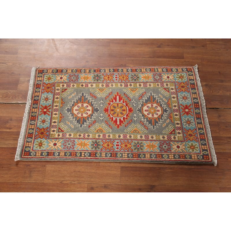 Gray Geometric Kazak Accent Rug Hand-Knotted Traditional Wool Carpet - 2'1"x 2'10"