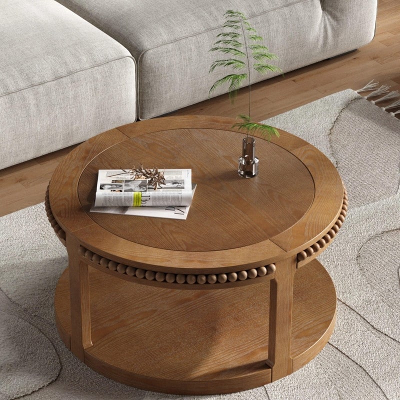 Round Solid Wood Coffee Table, Two-Tier Design with Sturdy Construction for Living Room Elegance
