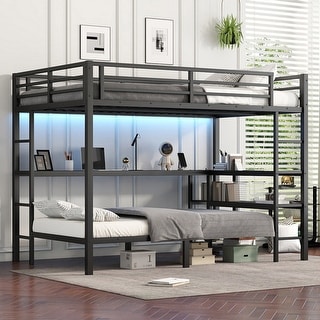 Full XL Over Twin Bunk Bed with Desk and Shelves, LED and USB, Black for Bedroom