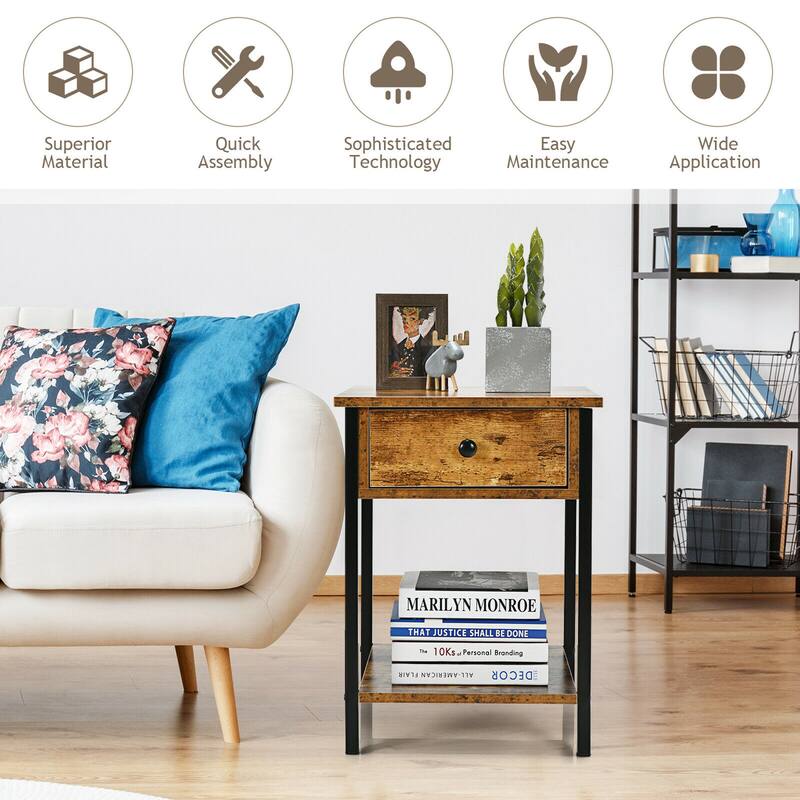Gymax Industrial End Side Table Nightstand with Drawer Shelf Rustic - 16'' x 16'' x 22''