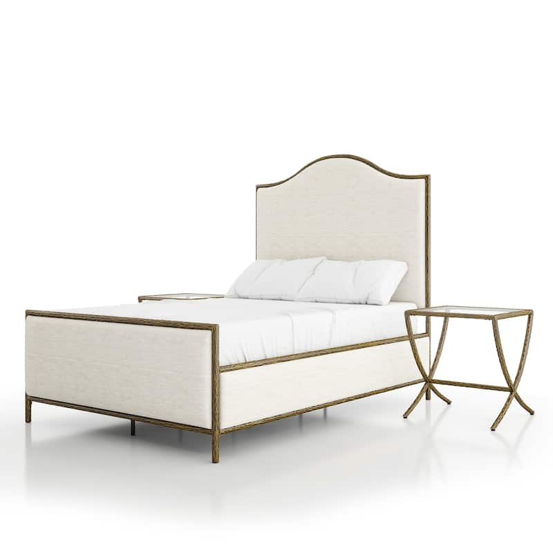 247 Shop At Home Lalia Modern 3-Piece Upholstered Hammered Metal Camelback Bedroom Set with 2 Nightstands - Matte Gold - Full