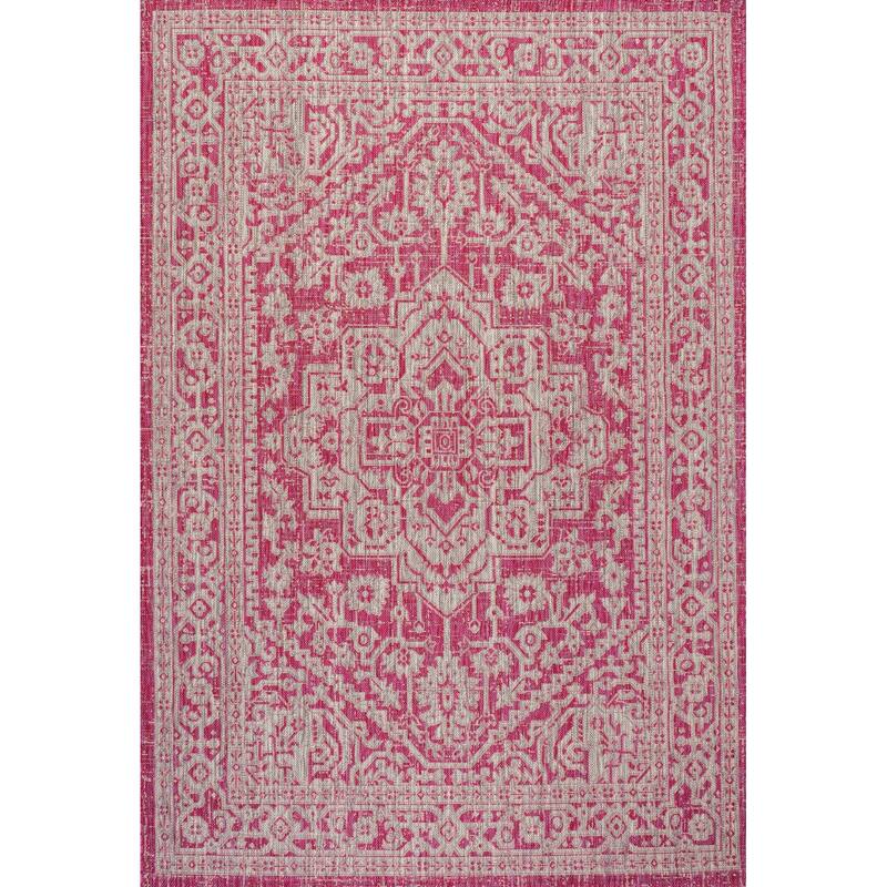 JONATHAN Y Rozetta Medallion Textured Weave Indoor/Outdoor Area Rug - 4 X 6 - Fuchsia/Light Gray