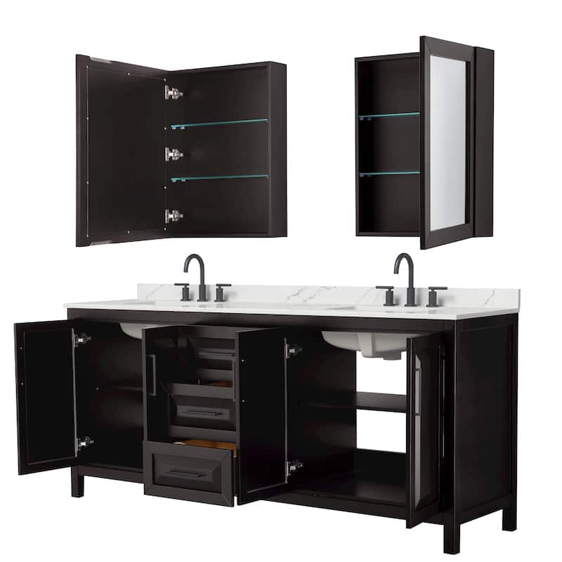 Daria 80-inch Double Vanity, 3 Hole Quartz Top, Med Cabinets