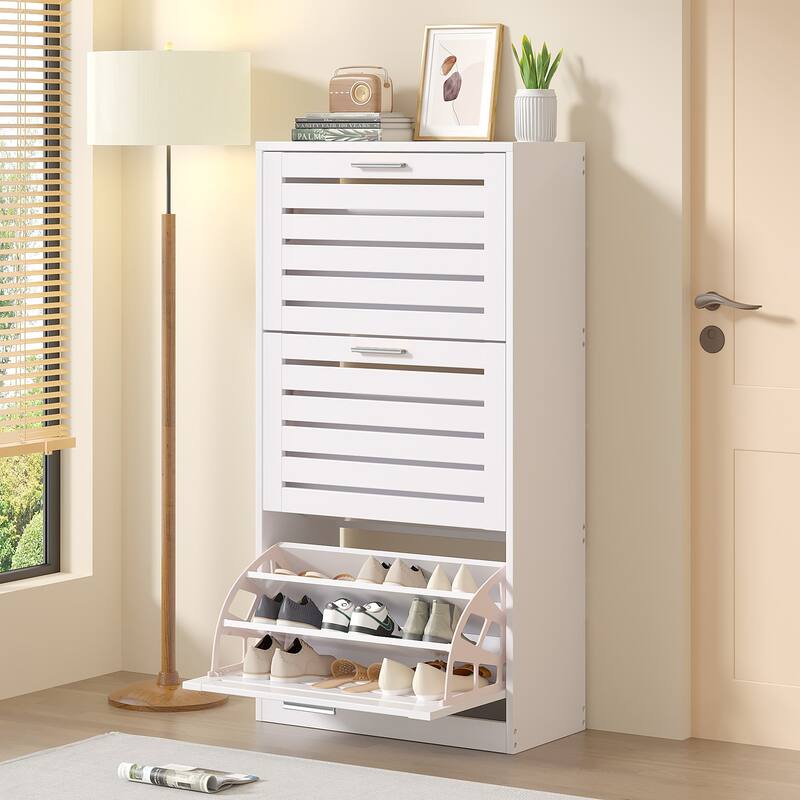 VECELO Shoe Storage Cabinet for Entryway with 3 Flip Drawers Slim Hidden Free Standing Organizer for Narrow Hallway - White