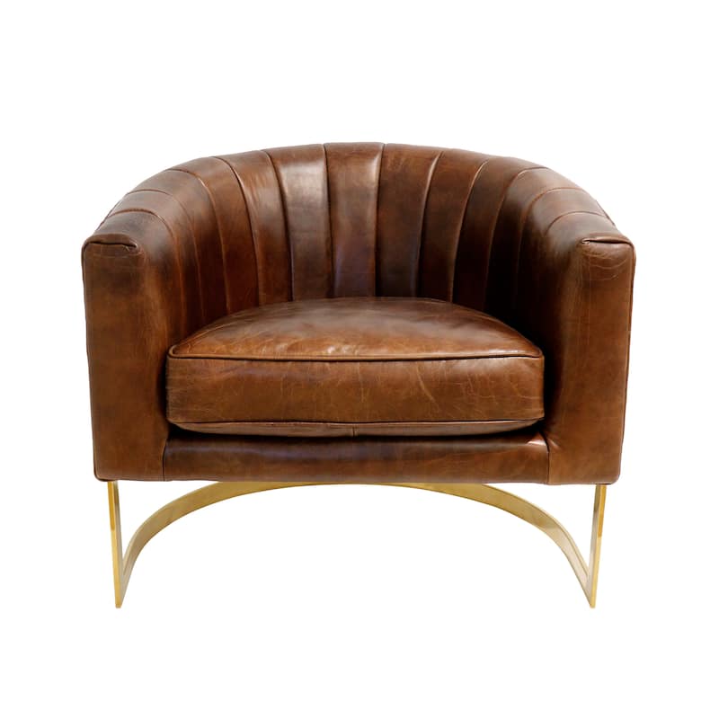 Pasargad Home Vicenza Genuine Leather Barrel Chair, Brown - W31.5"xD27.5"xH29.1"