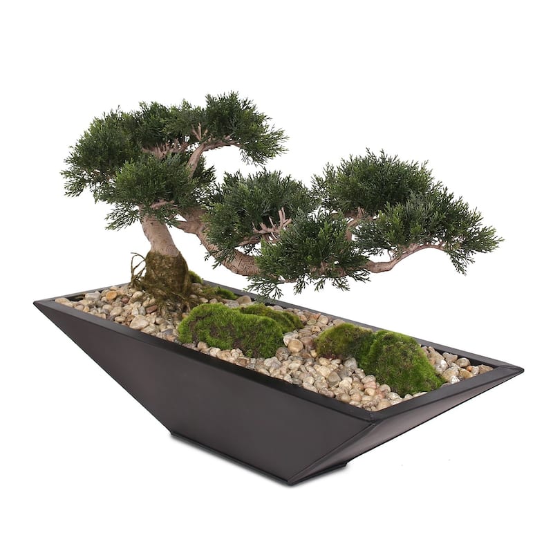 Artificial Large Cedar Bonsai, Moss, Natural Pebbles in Metal Zinc Pot - 28W x 10D x 17H