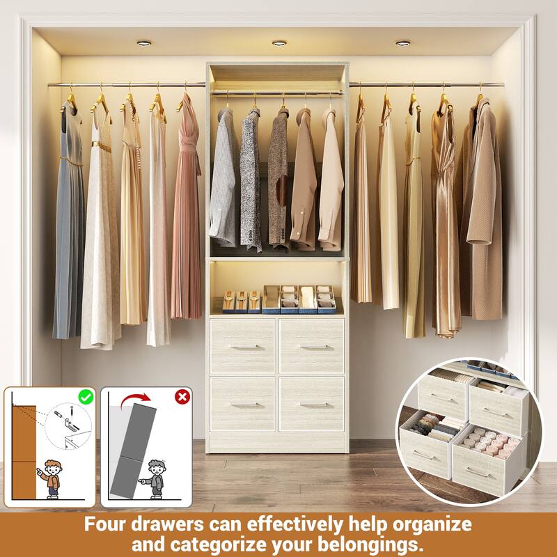 Rackcog 103'' Closet Organizer with 4 Cubes, Closet System with Fabric Drawers and 3 Hanging Rods