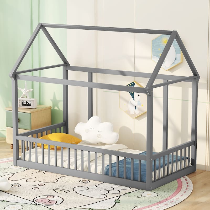 Pine Wood Floor Bed with House Roof Frame and Safety Guardrails