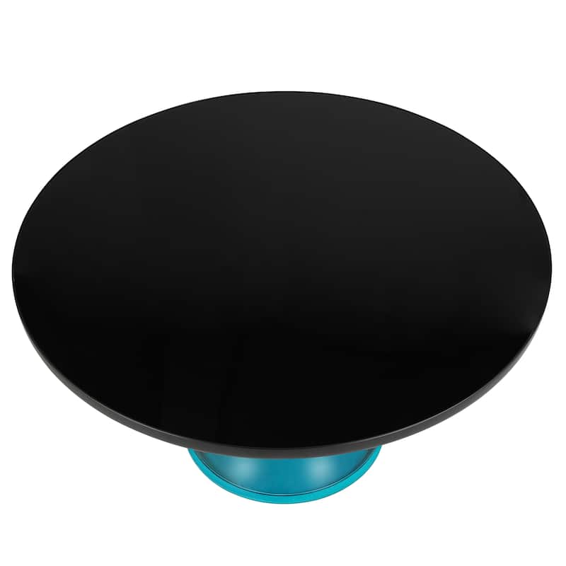 30-Inch Round Coffee Table Glass/Stone Tabletop with Black Iron Rim Frame Glass Pedestal Base