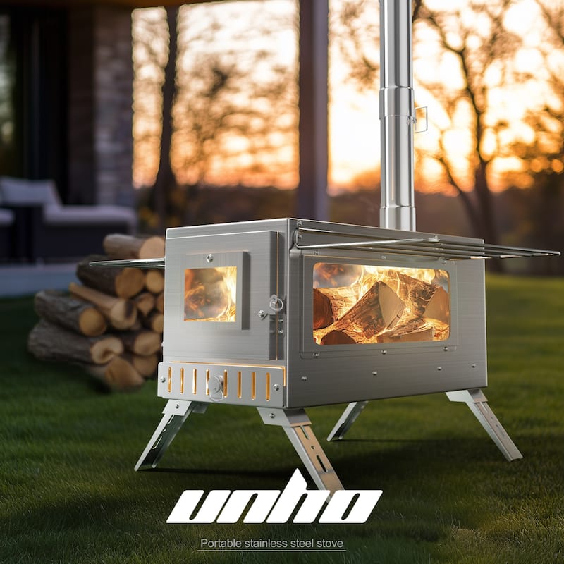 Large Camping Wood Stove, Portable Stainless Steel Hot Tent Stove with 7 chimney pipes