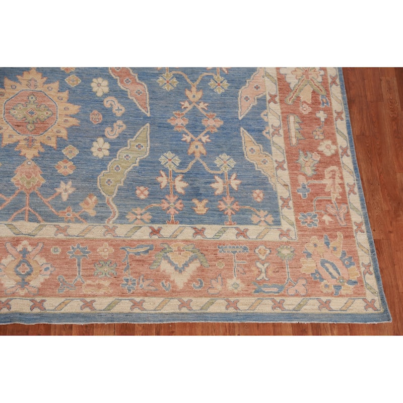 Hand Knotted Oriental 100% Wool Carpet Transitional All-Over Navy Blue & Blues Oushak Area Rug - 13' 11'' X 10' 0''
