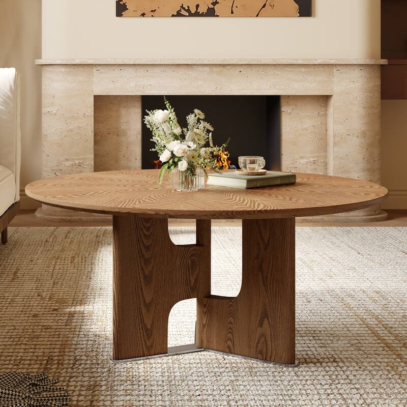 GDFStudio - Rustic 31.5" Free-Form Coffee Table with Ash Wood Veneer & Pedestal Base for Small Living Room