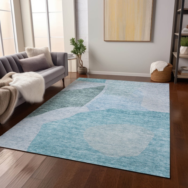 Machine Washable Indoor/ Outdoor Chantille Contemporary Abstract Rug - Teal - 9' x 12'