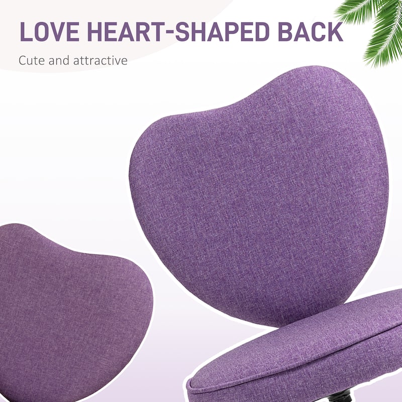 HOMCOM Armless Home Office Desk Chair, Modern Fabric Makeup Vanity Chair with Heart Shape, Swivel Wheels, Height Adjustable