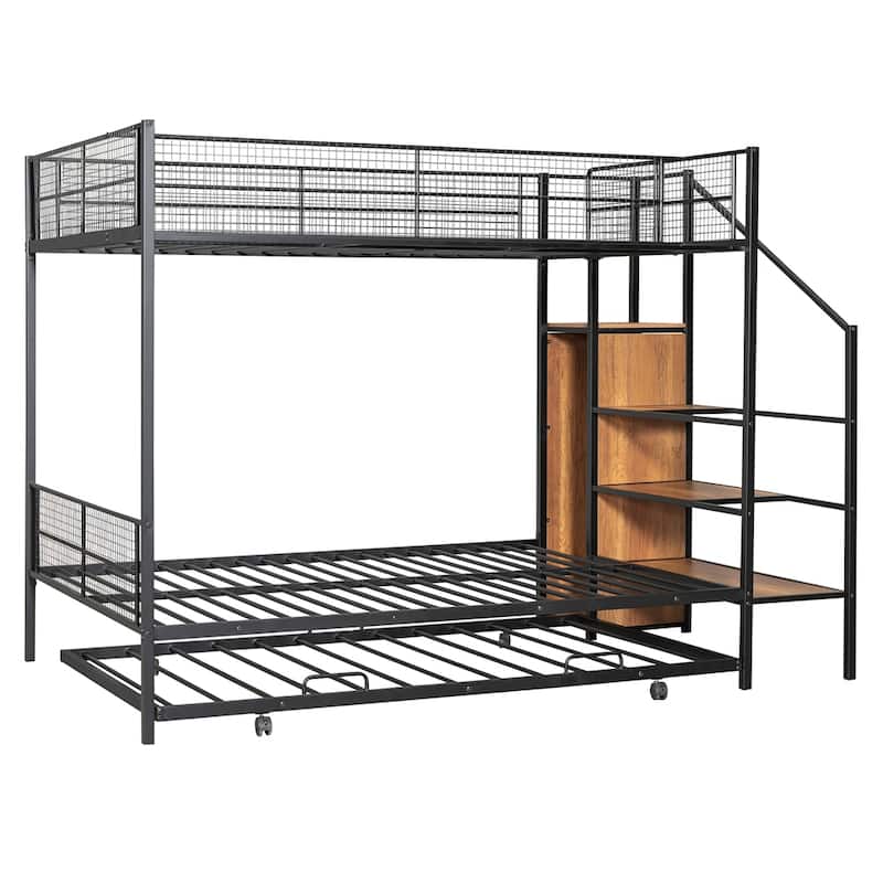 Twin Over Full Metal Bunk Bed with Trundle & Storage Ladder & Wardrobe
