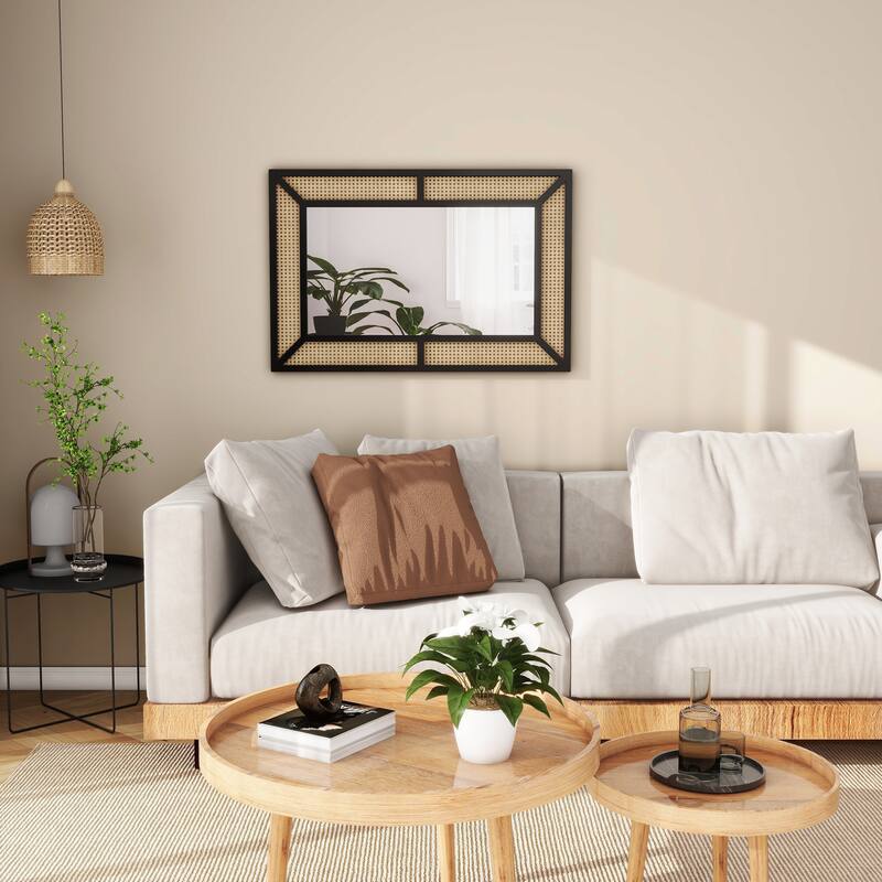 Large Rattan Wall Mirror Bohemian Square Accent Mirror for Wall Decor - 23.6"×35.5"
