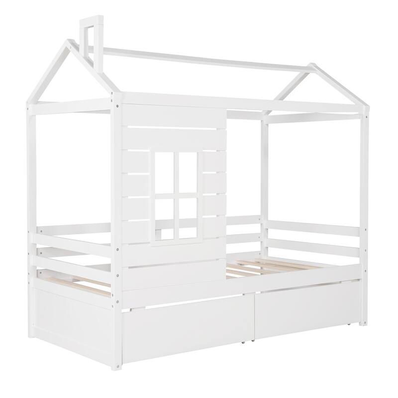 Twin Size Wood House Bed with Two Drawers, White