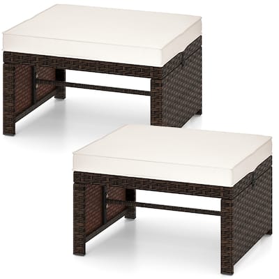 Set of 2 Outdoor Rattan Footstools Ottomans with Cushions for Patio Decor or Garden Seating - 16" L x 19" W x 9.5" H