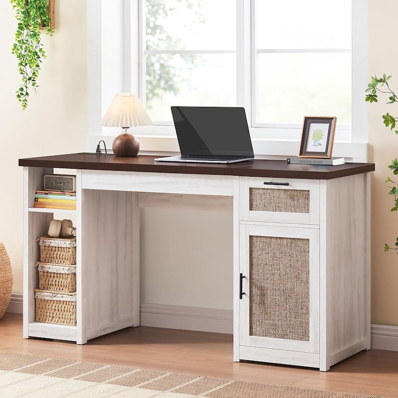 Farmhouse Executive Desk Home Office Desk File Drawer Monitor Stand Power Outlet - 55.1" - Rattan/White