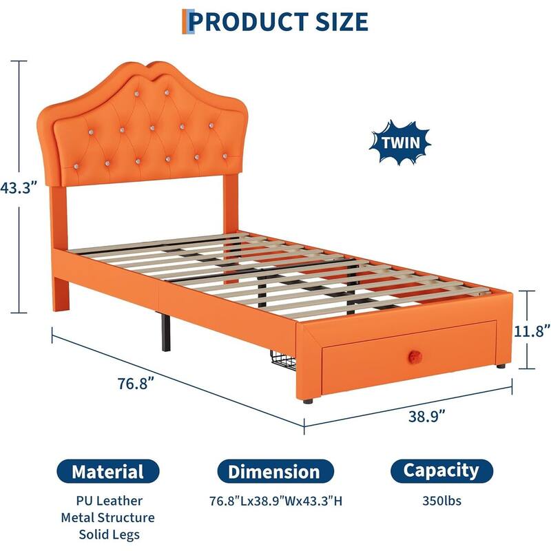 Bed Frame, with LED Lights and Storage Drawer