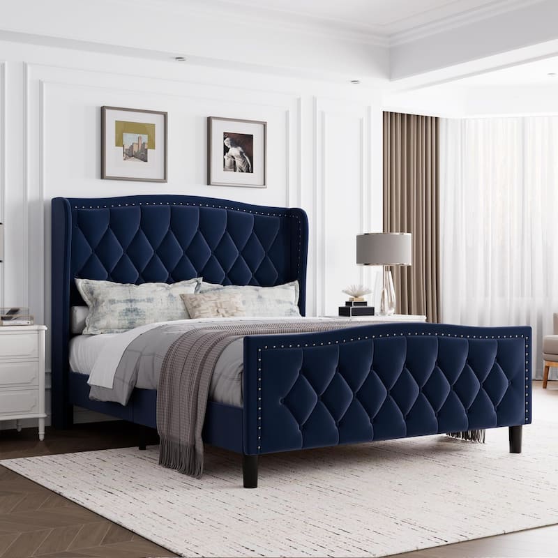 Bed Frame Velvet Upholstered Platform Bed with Wing Side Headboard
