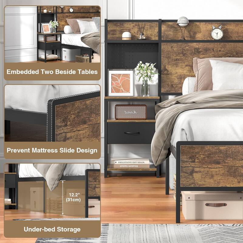 Rustic Brown Bed Frame (Queen/King) with 2 Sliding Nightstands & Bookcase Storage Headboard