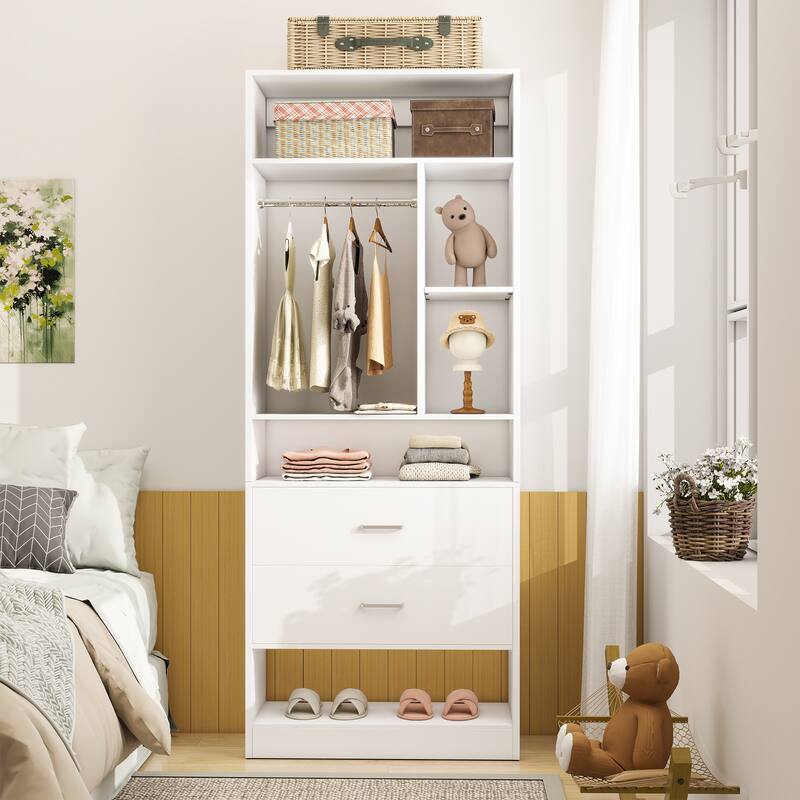 Kyrvo Freestanding 24" Closet System with 2 Wood Drawers,2FT Heavy Duty Walk-in Closet Organizer with 6 Shelves & Hanging Rod - White