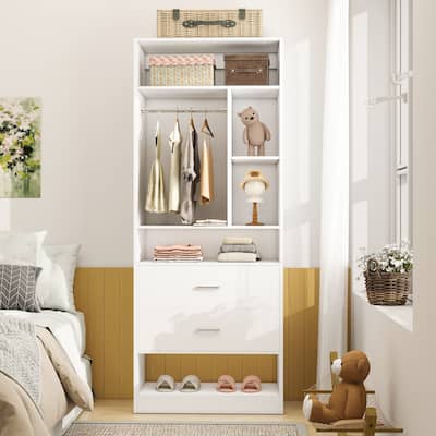 Kyrvo Freestanding 24" Closet System with 2 Wood Drawers,2FT Heavy Duty Walk-in Closet Organizer with 6 Shelves & Hanging Rod