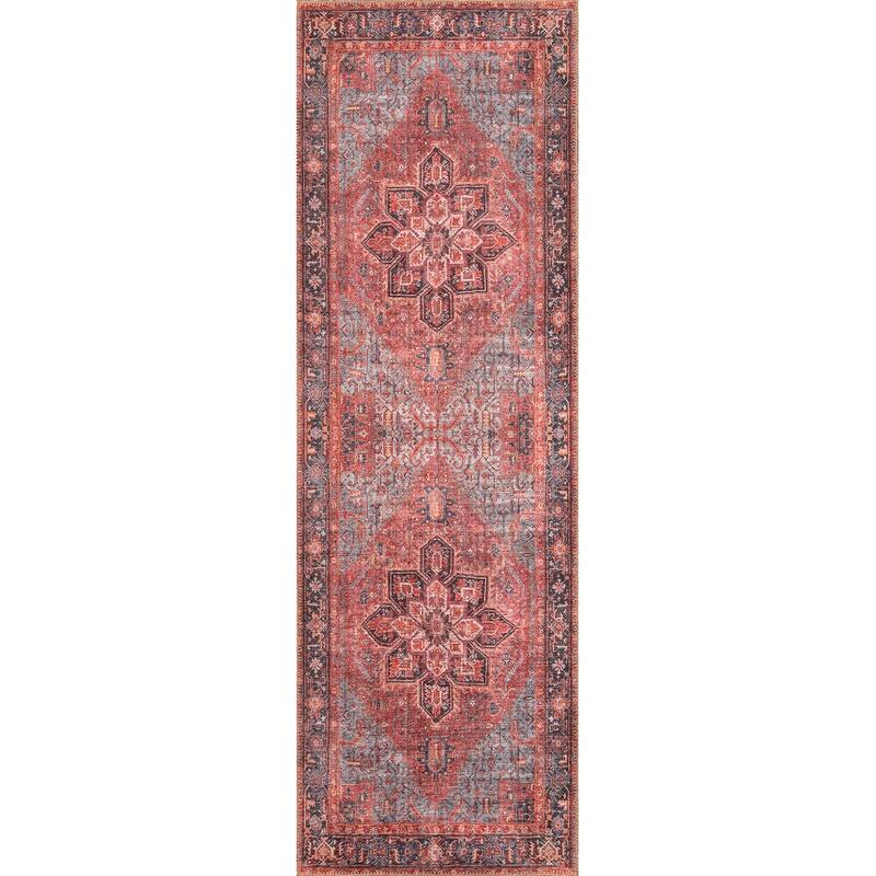 Domani Grove Machine Washable Distressed Oriental Red Medallion Area Rug - 2'6" x 7'6" Runner
