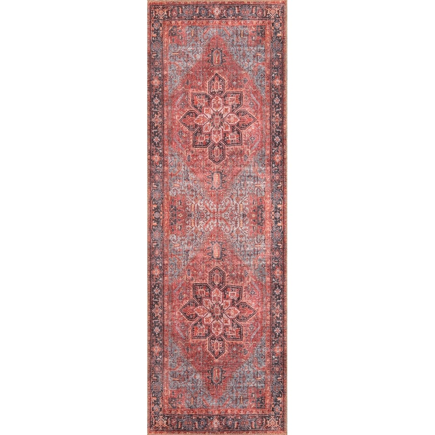 Domani Grove Machine Washable Distressed Oriental Red Medallion Area Rug
