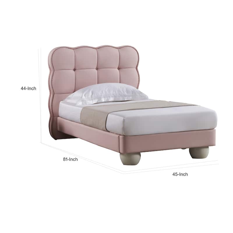 Jeny Twin Size Bed, Pink Leather Upholstered Tufted Headboard, Wood