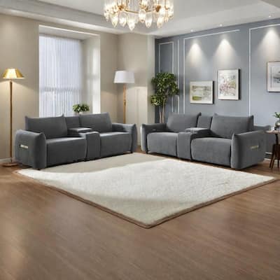 Linen 5-Seater Power Recliner Sofa Set with USB Ports, Storage Console and Cup Holders