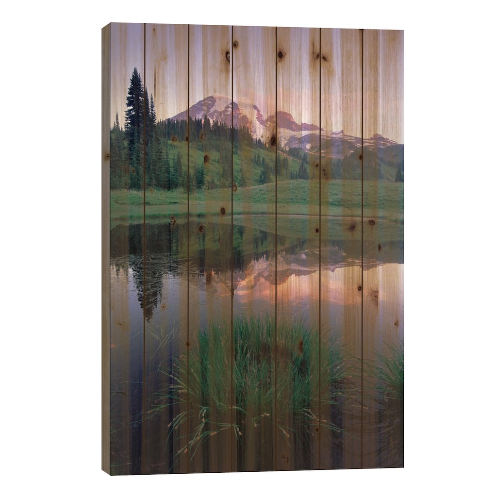 Mt Rainier Reflected In Lake, Mt Rainier National Park, Washington II Print On Wood by Tim Fitzharris - Multi-Color