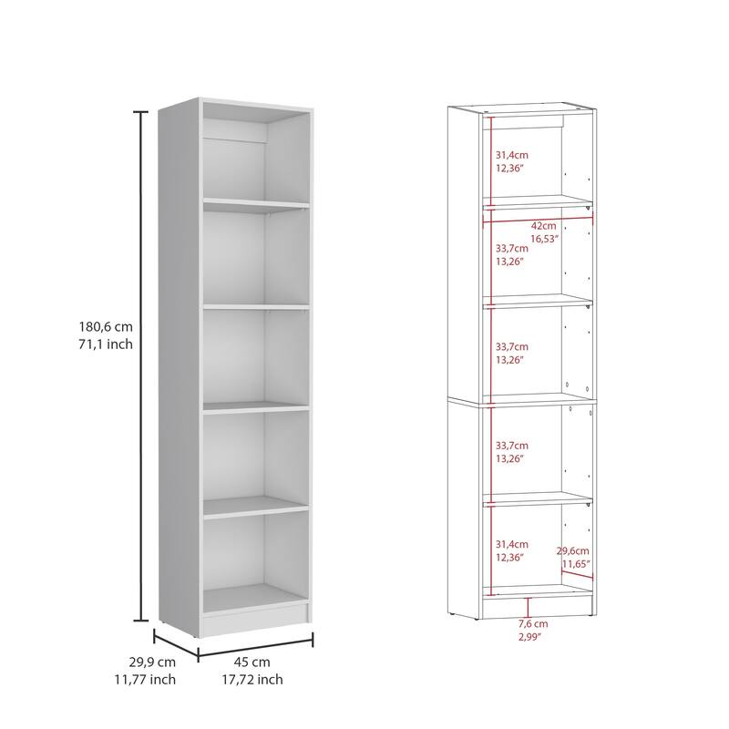 Home Xs Bookcase with 5-Tier Shelves and Slim Design