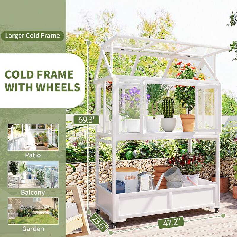 Garden Wood Portable Cold Frame with Movable Wheels Mini Greenhouse with Openable Roof and Storage Box