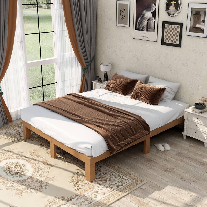 Queen Size Solid Wood Platform Bed Frame with Wood Slat Support, No Box Spring Needed, Easy Assembly - Brown+White