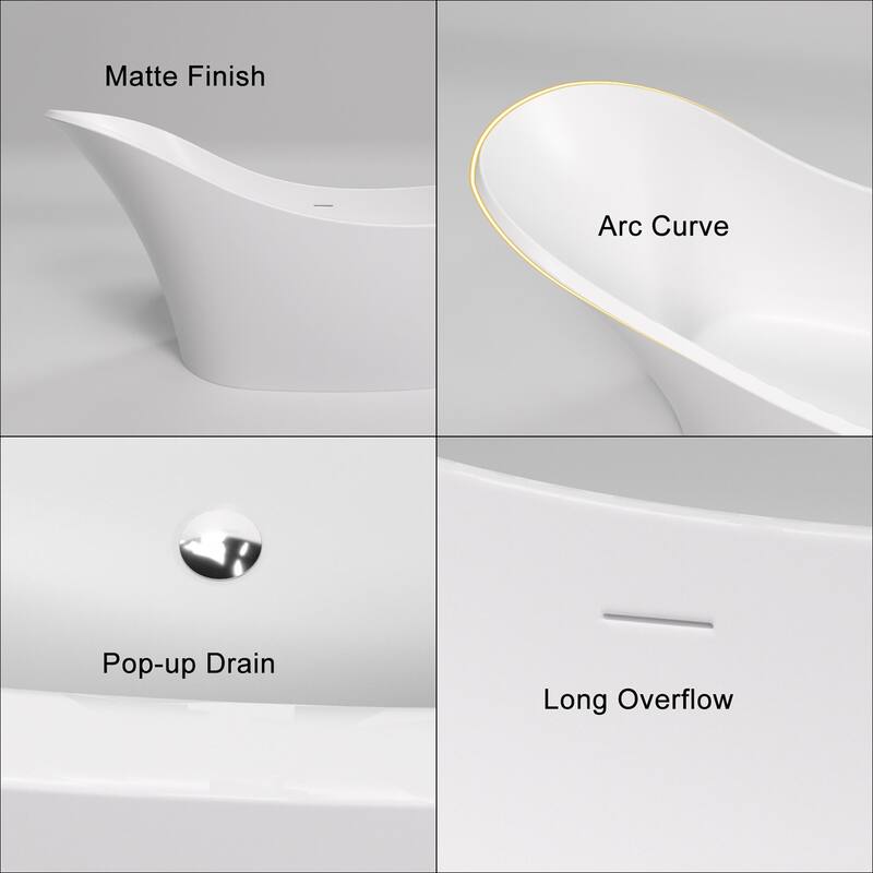 66 in. Solid Surface Freestanding Flat bottom Soaking Bathtub in White