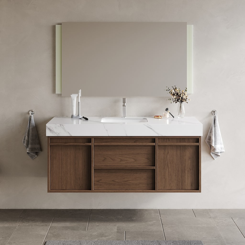 48"Mid Century Modern Wall-Mounted Bathroom Vanities,Single Sink,Brown Wood Texture with Sintered Stone Table top