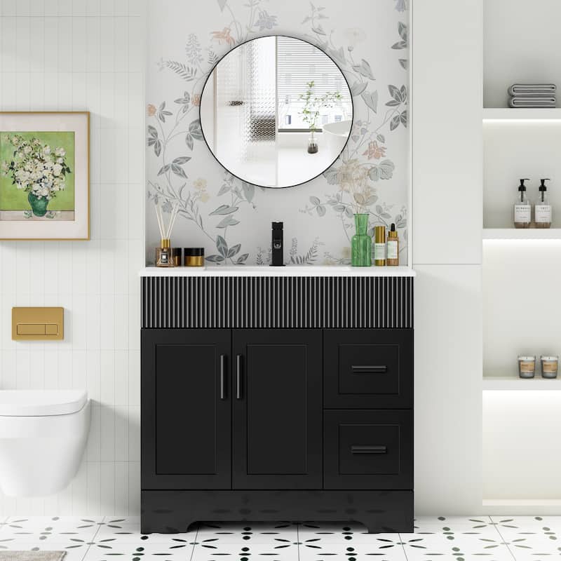 30"/36"/48" Single Bathroom Vanity Set with Drop in Sink Top with Wave Lines - Black - 36"