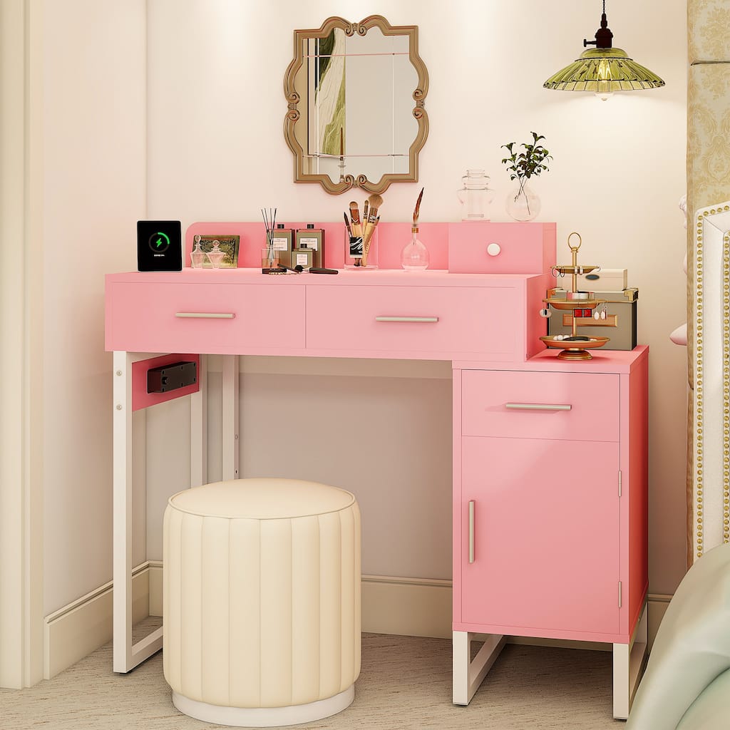 Reversible Makeup Vanity Desk With Charging Station and 4 Wooden Drawers and 1 Cabinet