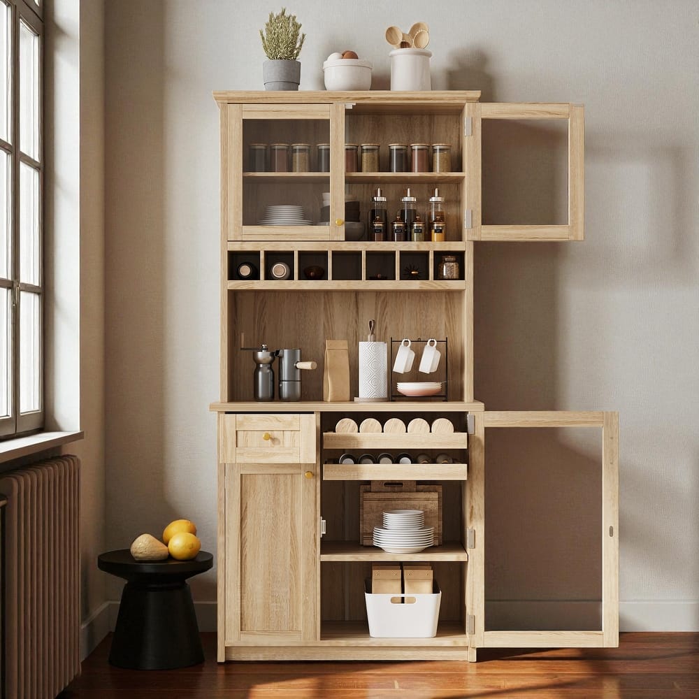 Farmhouse 35" Freestanding Buffet with Hutch, Tall Kitchen Pantry Cabinet with Wine Rack, Drawer, and Adjustable Shelves